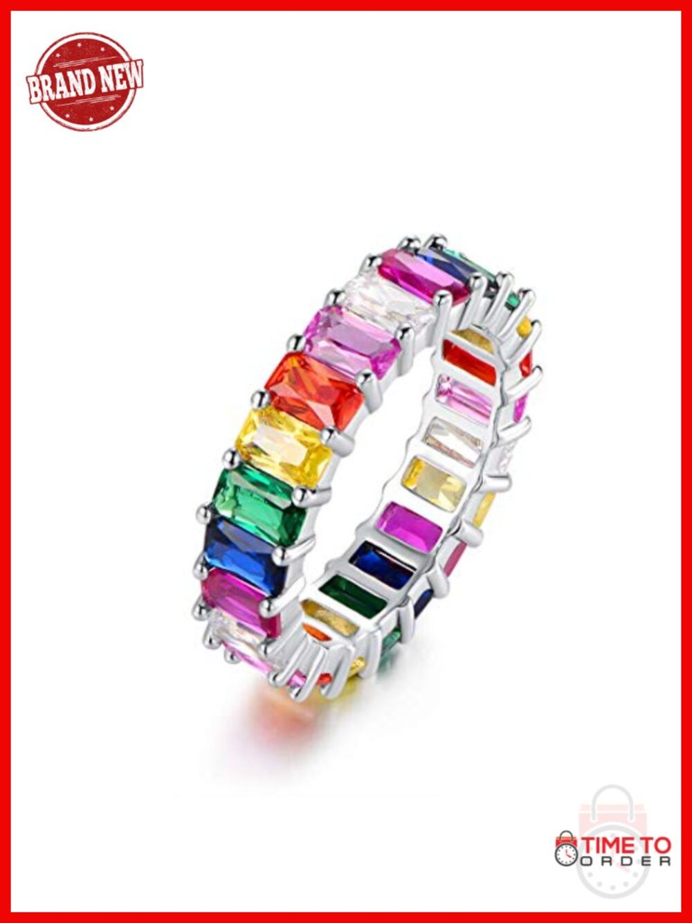 18K Gold Plated Emerald-Cut Rainbow Eternity Ring Wedding Band